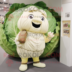 Beige Cabbage mascot costume character dressed with a T-Shirt and Handbags