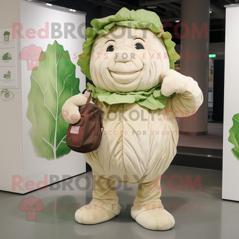 Beige Cabbage mascot costume character dressed with a T-Shirt and Handbags Beige Cabbage mascot costume character dressed with a T-Shirt and Handbags