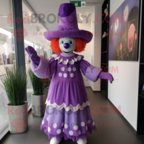 Lavender Clown mascot costume character dressed with a Dress and Hats