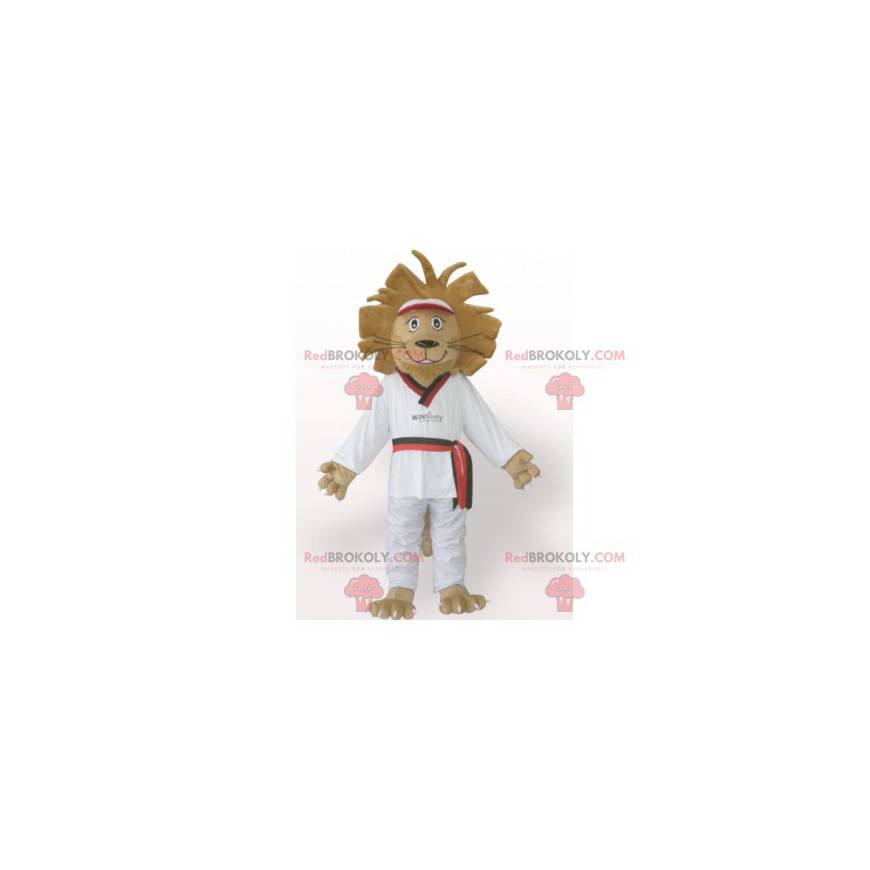 Brązowy lew maskotka w białym kimonie - Redbrokoly.com