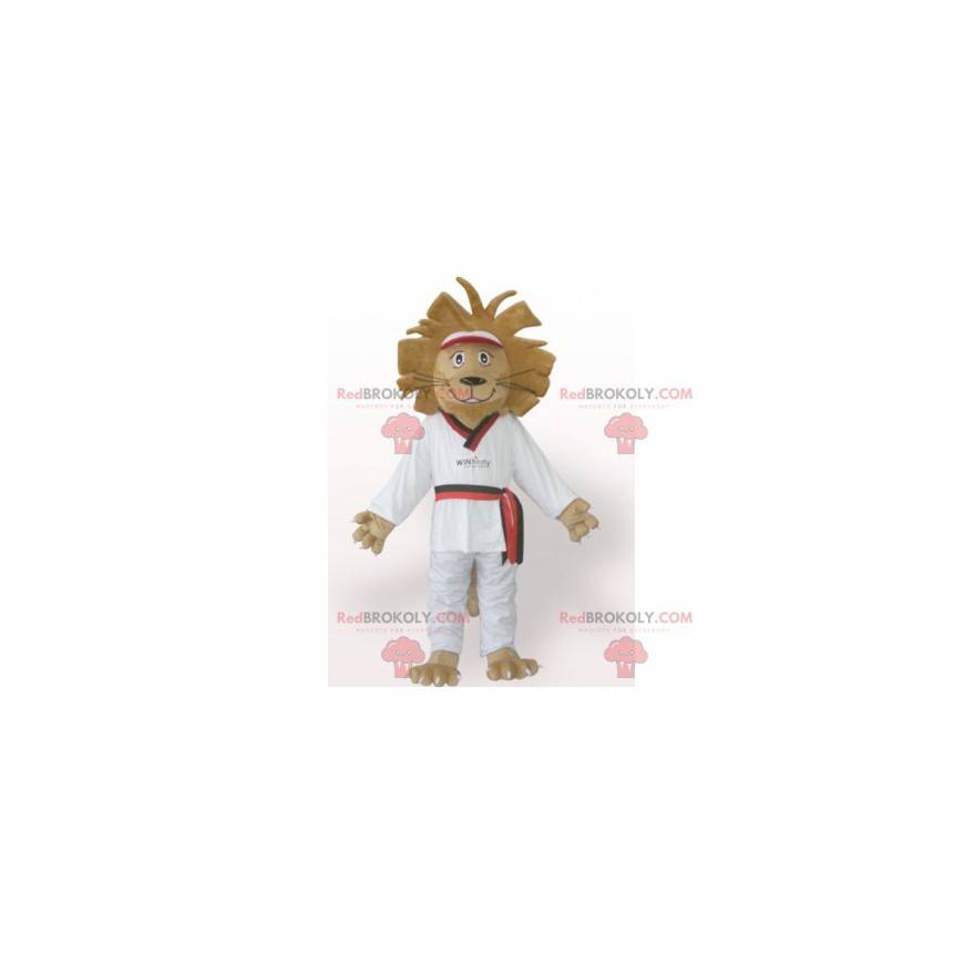 Mascota del león marrón en kimono blanco - Redbrokoly.com