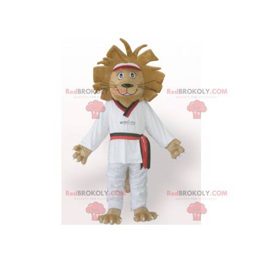 Brązowy lew maskotka w białym kimonie - Redbrokoly.com