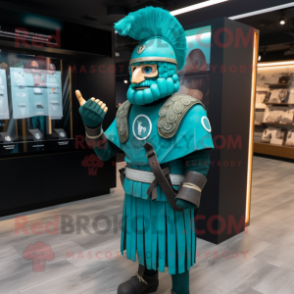 Teal Roman Soldier mascot costume character dressed with a Waistcoat and Bracelet watches