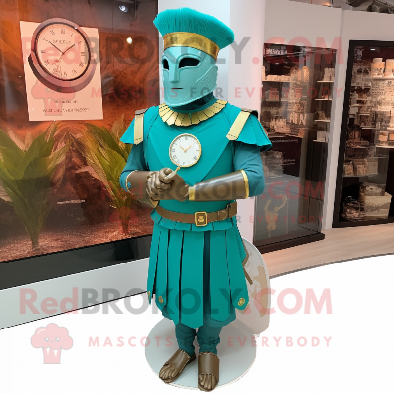 Teal Roman Soldier mascot costume character dressed with a Waistcoat and Bracelet watches