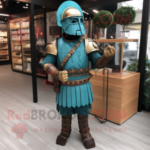Teal Roman Soldier mascot costume character dressed with a Waistcoat and Bracelet watches