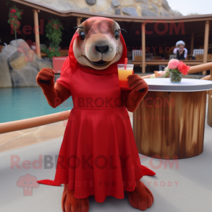 Red Sea Lion mascot costume character dressed with a Cocktail Dress and Cummerbunds