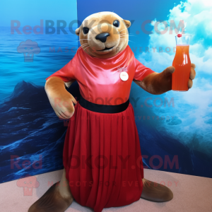 Red Sea Lion mascot costume character dressed with a Cocktail Dress and Cummerbunds