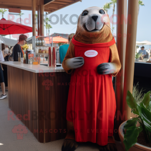 Red Sea Lion mascot costume character dressed with a Cocktail Dress and Cummerbunds