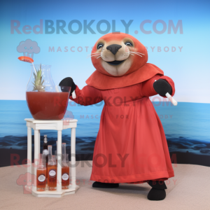 Red Sea Lion mascot costume character dressed with a Cocktail Dress and Cummerbunds