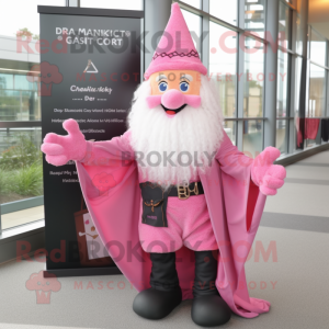 Pink Wizard mascot costume character dressed with a Flannel Shirt and Scarf clips