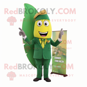 Forest Green Banana mascot costume character dressed with a Suit and Pocket squares