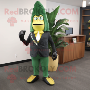 Forest Green Banana mascot costume character dressed with a Suit and Pocket squares