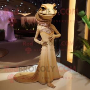 Tan Geckos mascot costume character dressed with a Evening Gown and Clutch bags