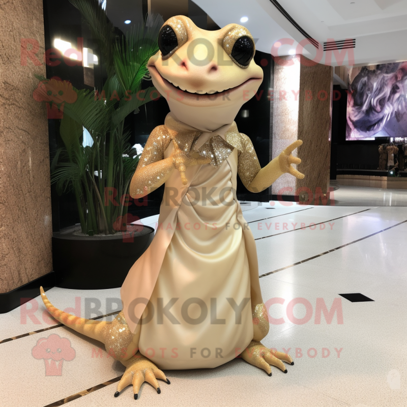 Tan Geckos mascot costume character dressed with a Evening Gown and Clutch bags Tan Geckos mascot costume character dressed with a Evening Gown and Clutch bags