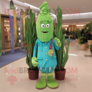 Turquoise Asparagus mascot costume character dressed with a Vest and Shoe clips