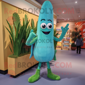 Turquoise Asparagus mascot costume character dressed with a Vest and Shoe clips