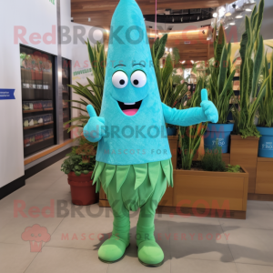 Turquoise Asparagus mascot costume character dressed with a Vest and Shoe clips