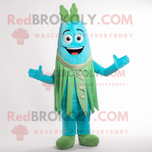 Turquoise Asparagus mascot costume character dressed with a Vest and Shoe clips