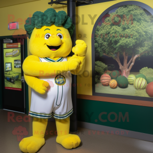 Yellow Broccoli mascot costume character dressed with a Baseball Tee and Bracelet watches