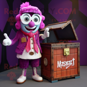 Magenta Treasure Chest mascot costume character dressed with a Vest and Eyeglasses