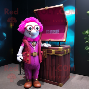 Magenta Treasure Chest mascot costume character dressed with a Vest and Eyeglasses