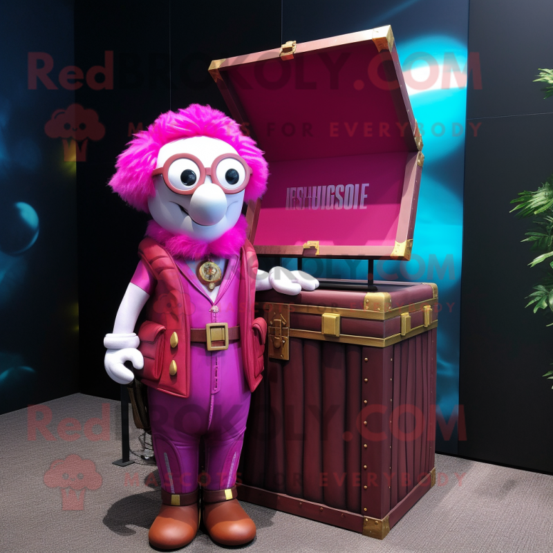 Magenta Treasure Chest mascot costume character dressed with a Vest and Eyeglasses Magenta Treasure Chest mascot costume character dressed with a Vest and Eyeglasses