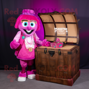 Magenta Treasure Chest mascot costume character dressed with a Vest and Eyeglasses