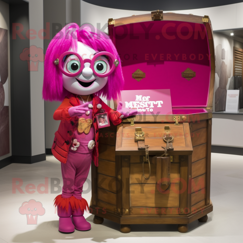 Magenta Treasure Chest mascot costume character dressed with a Vest and Eyeglasses