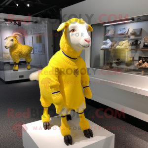 Lemon Yellow Boer Goat mascot costume character dressed with a Sweater and Cummerbunds