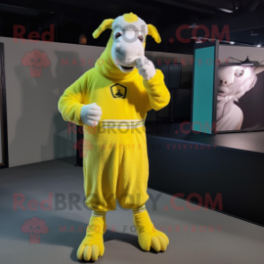 Lemon Yellow Boer Goat mascot costume character dressed with a Sweater and Cummerbunds