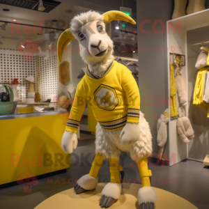 Lemon Yellow Boer Goat mascot costume character dressed with a Sweater and Cummerbunds