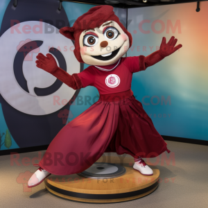 Maroon Plate Spinner mascot costume character dressed with a Culottes and Anklets