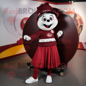 Maroon Plate Spinner mascot costume character dressed with a Culottes and Anklets