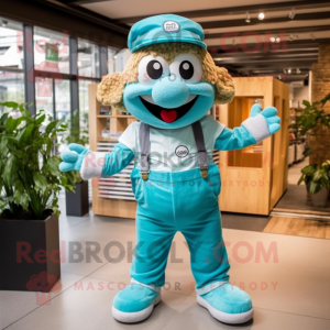 Turquoise Gyro mascot costume character dressed with a Dungarees and Berets
