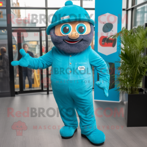 Turquoise Gyro mascot costume character dressed with a Dungarees and Berets