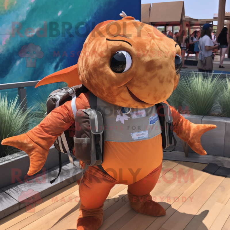 Rust Humpback Whale mascot costume character dressed with a Bikini and Backpacks