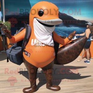 Rust Humpback Whale mascot costume character dressed with a Bikini and Backpacks