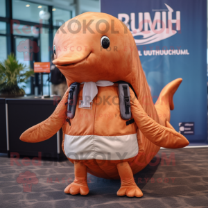 Rust Humpback Whale mascot costume character dressed with a Bikini and Backpacks