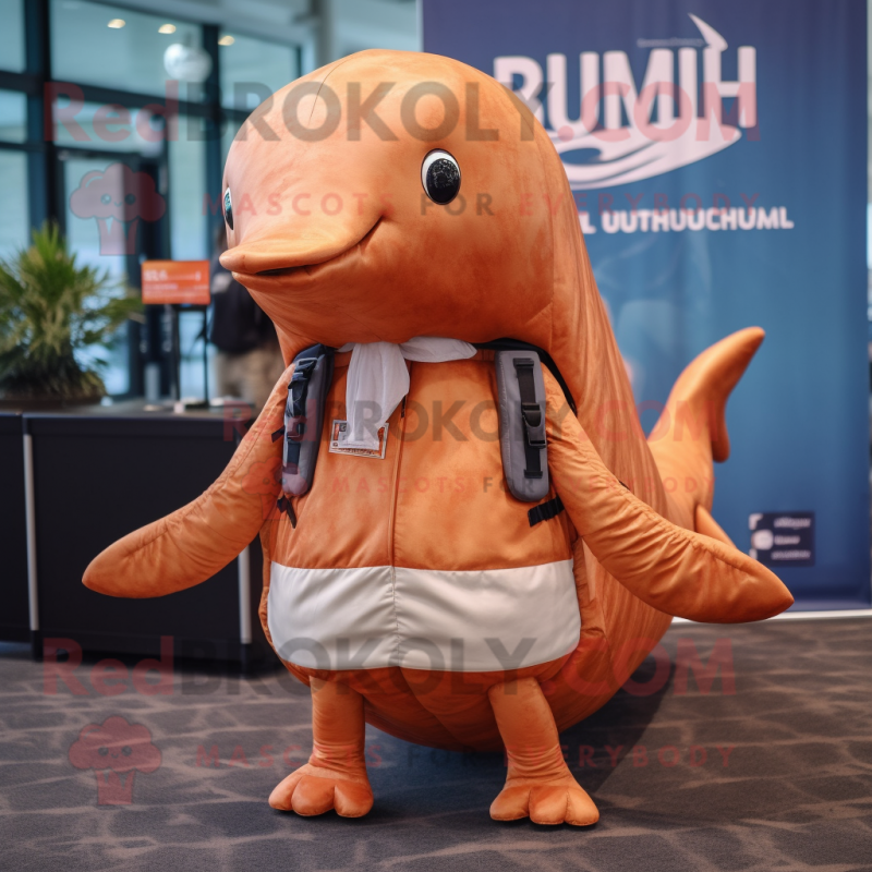 Rust Humpback Whale mascot costume character dressed with a Bikini and Backpacks Rust Humpback Whale mascot costume character dressed with a Bikini and Backpacks