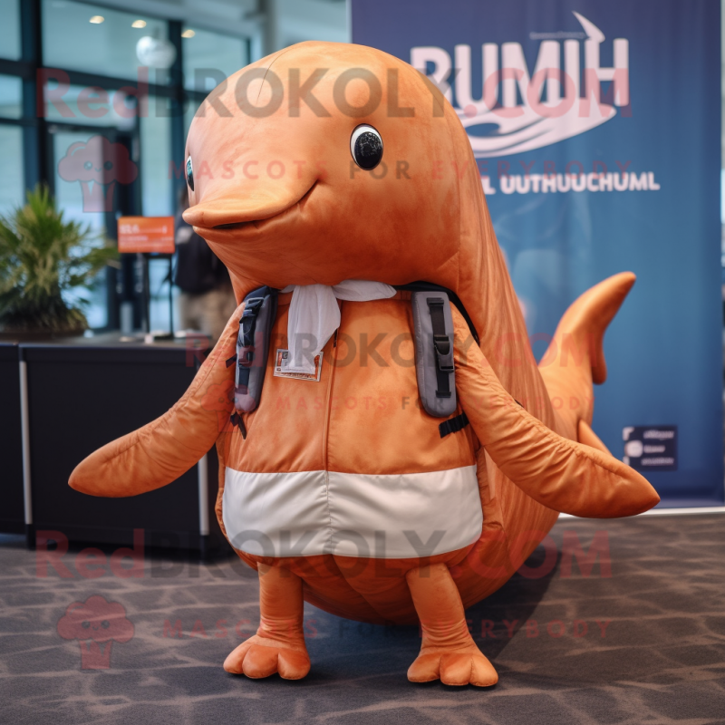 Rust Humpback Whale mascot costume character dressed with a Bikini and Backpacks