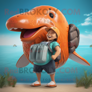 Rust Humpback Whale mascot costume character dressed with a Bikini and Backpacks