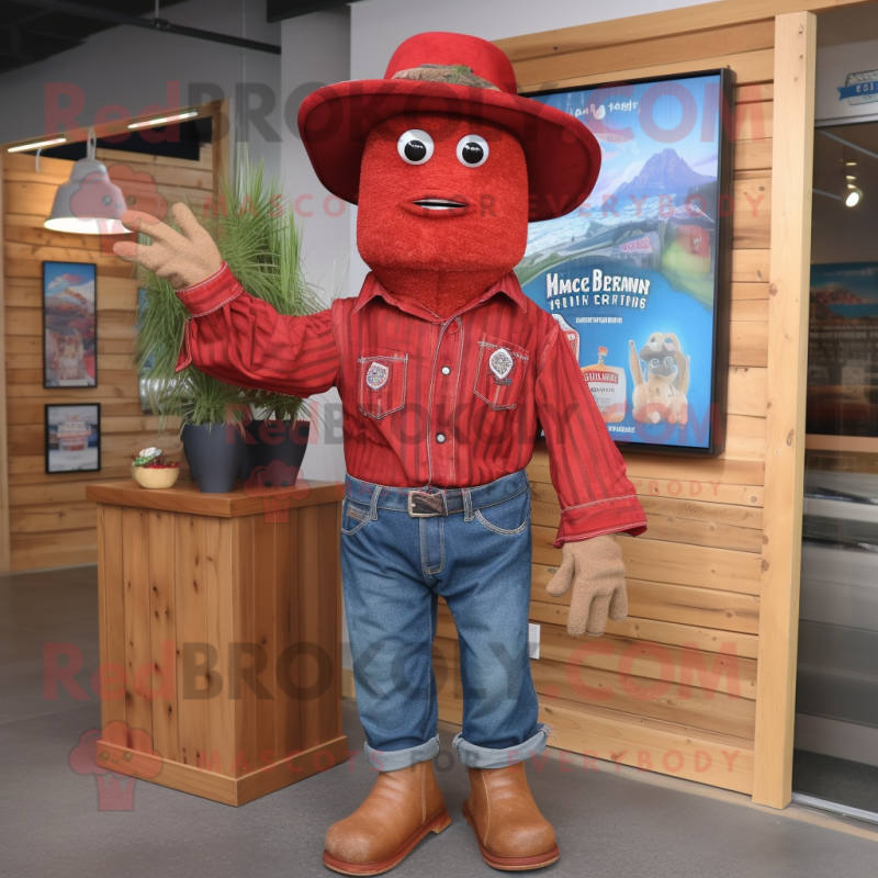 Red Jambalaya mascot costume character dressed with a Denim Shirt and Shawl pins
