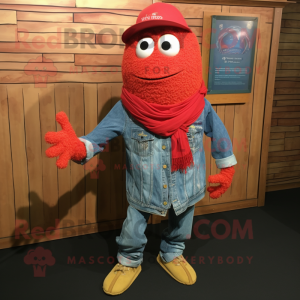 Red Jambalaya mascot costume character dressed with a Denim Shirt and Shawl pins