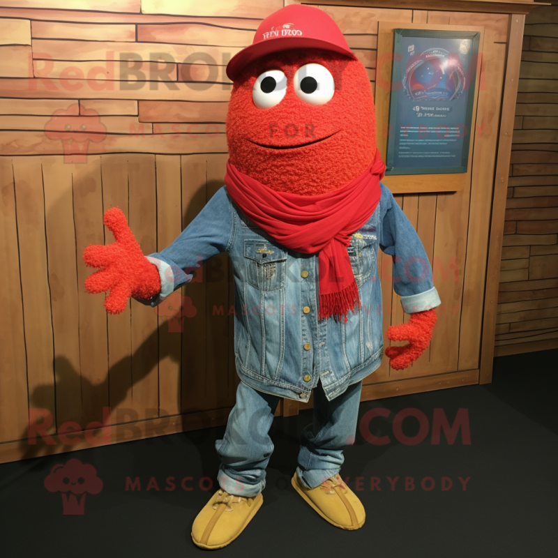 Red Jambalaya mascot costume character dressed with a Denim Shirt and Shawl pins Red Jambalaya mascot costume character dressed with a Denim Shirt and Shawl pins