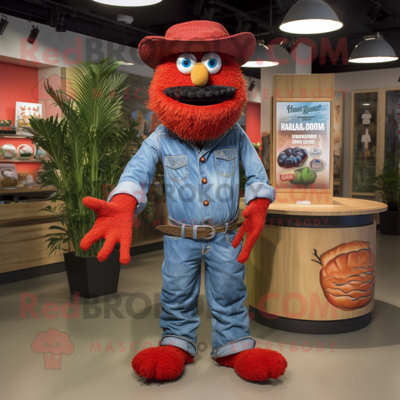 Red Jambalaya mascot costume character dressed with a Denim Shirt and Shawl pins Red Jambalaya mascot costume character dressed with a Denim Shirt and Shawl pins