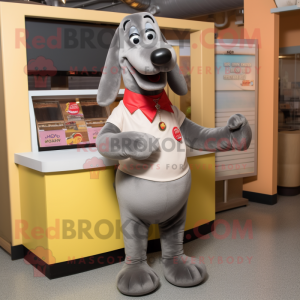 Gray Hot Dog mascot costume character dressed with a Button-Up Shirt and Earrings