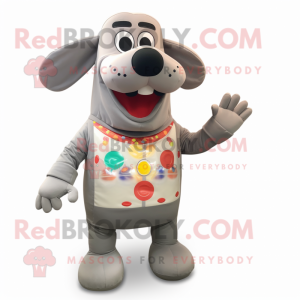 Gray Hot Dog mascot costume character dressed with a Button-Up Shirt and Earrings