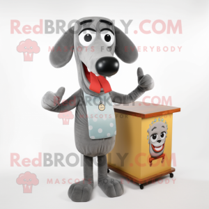 Gray Hot Dog mascot costume character dressed with a Button-Up Shirt and Earrings