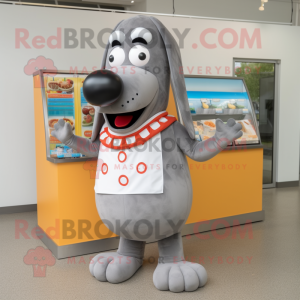 Gray Hot Dog mascot costume character dressed with a Button-Up Shirt and Earrings