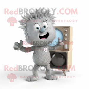 Gray Television mascot costume character dressed with a Romper and Brooches